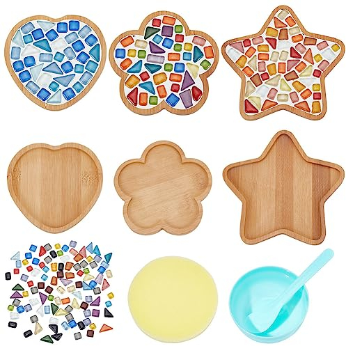 WEBEEDY 3 Sets Porzellan-Mosaik Fliesen-Mosaik-Kit Mit Holzuntersetzer Mosaiksteine DIY Mosaik Untersetzer Bastelbedarf Für Untersetzer Handgefertigte Wohnkultur Geschenke