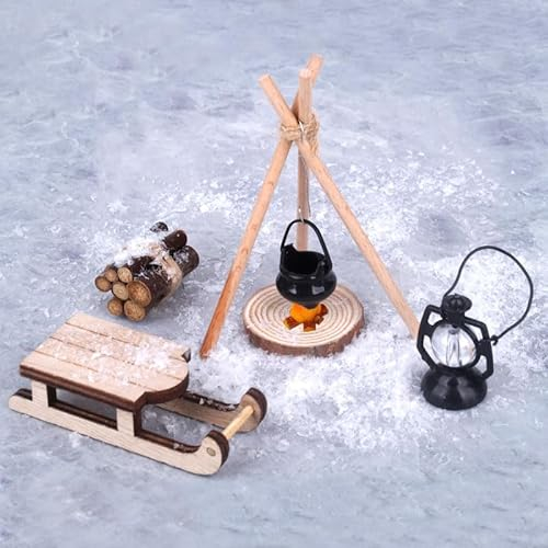 OuMaiFeng Miniatur Puppenhaus Wichtel Zubehör Weihnachten, Wichtel Schlitten Holz Feuerstelle Miniatur Weihnachten Lagerfeuer Krippe Zubehö (Holzfarbe)