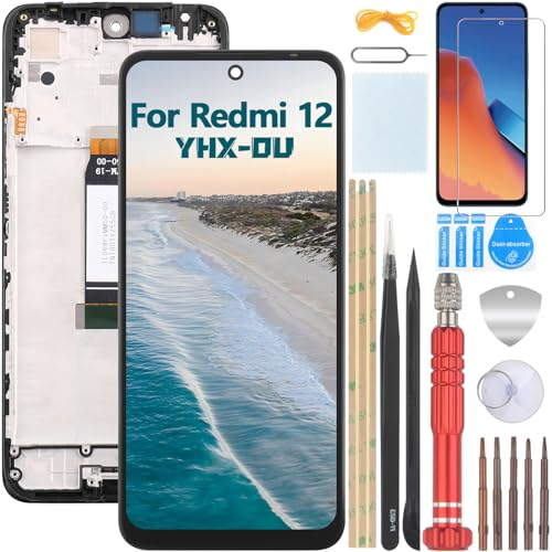 YHX-OU 6.79'' Negro con Marco Pantalla LCD para Xiaomi Redmi 12 23053RN02A 23053RN02Y LCD Display Asamblea Pantalla Táctil Completa Reemplazo de Pantalla con Herramienta + Película Templada