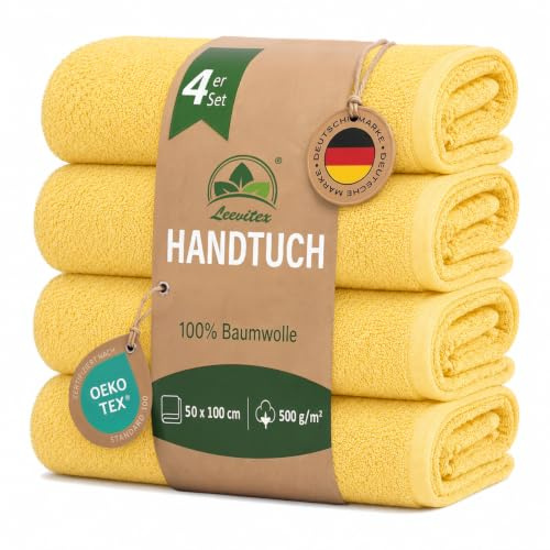 leevitex® Premium Handtücher 4er Set 50x100 cm, 100% Baumwolle Frottee, 500 g/m², Öko-Tex Standard 100, saugstark und weich, Gelb/Mais