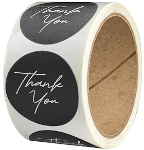 Thank you Sticker – 50 Stück – rund, Ø 4 cm, Recyclingpapier – Danke Aufkleber auf Rolle für Danke Geschenke und Gastgeschenke – selbstklebende Etiketten für Hochzeit und Kommunion - THANK YOU BLACK