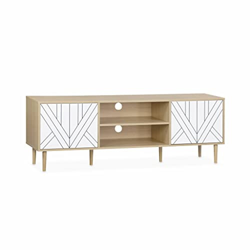 Alice's Home - Meuble TV décor Bois & Blanc - Mika - 2 Niveaux. 3 étagères. 2 Portes. L 160 x l 40 x H 56cm
