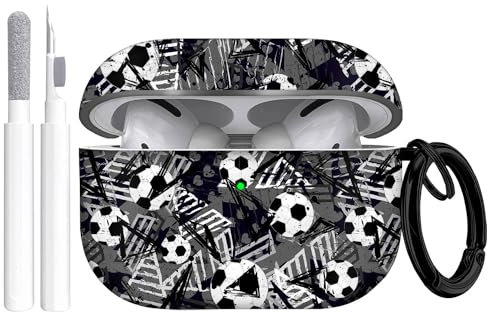 Gedicht Airpods Pro 2 Hülle, niedliches Fußballmuster, TPU, weiche Hülle, stoßfest, mit Reinigungsset und Schlüsselanhänger, Schwarz