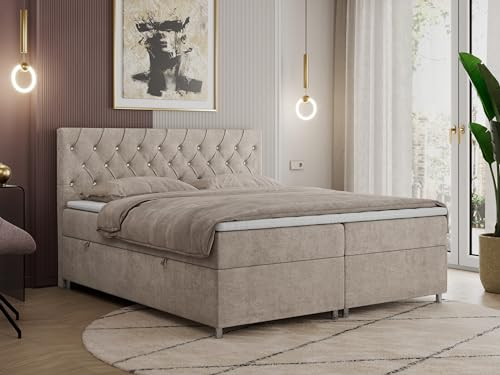 MKS MEBLE Boxspringbett 180x200 mit Bettkasten, Boxspringbett 180x200 mit Matratze, Doppelbett mit Matratze und Topper - Polsterbett mit Kopfteil - Stauraumbett - Roma 180x200 - H4 Beige Struktur