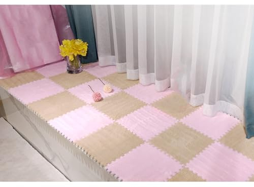12X12 Zoll Plüsch-Puzzle-Schaum-Bodenmatte Für Wohnzimmer, Weiche Ineinandergreifende Spielmatte, Flauschige Teppichfliesen, 12 Stück(Size:0.23 inch,Color:Khaki+Pink)
