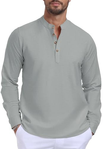 Anelune Linen Shirts Men's Short Sleeve Casual Button Down Shirts T Shirts Summer Henley Shirt Breathable Button-Down Shirt Beach Short Sleeve Tops Dark Gray