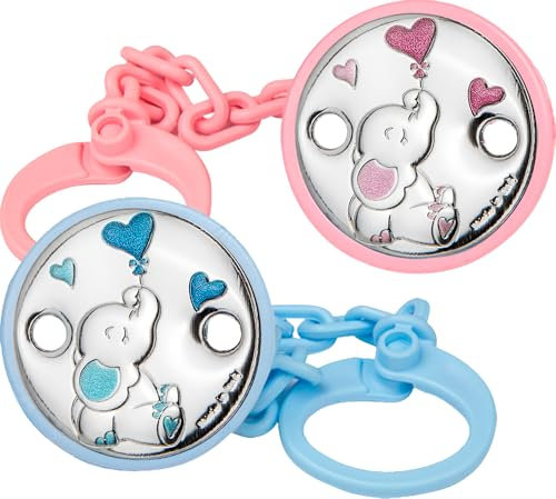Pinza de Chupete con Aplique Laminado en Plata de Ley 925‰, diseño de Elefante, para Bebé, Azul y Rosa (E3092)