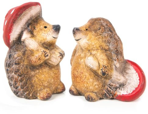 Logbuch-Verlag 2 kleine Deko Igel Igelfiguren Set mit Fliegenpilz braun rot Herbst Dekoration Gartendeko aus Terrakotta 8,5 cm