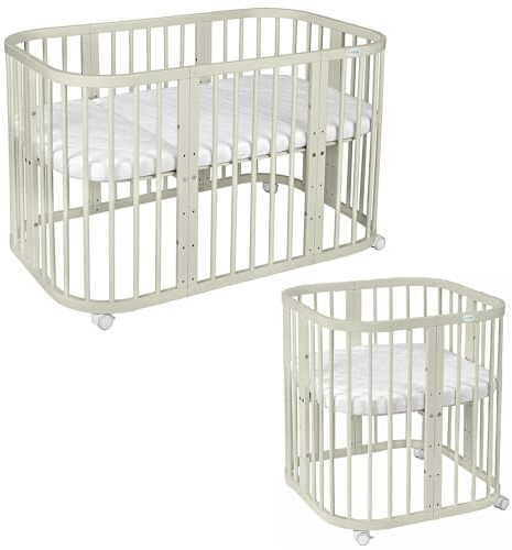 Waldin Babybett aus Holz 7in1 mit Matratze, Mitwachsendes Kinder-Bett, Belüftet, Boden 5-Fach Verstellbar, All-Inclusive-Set, Holz Olive