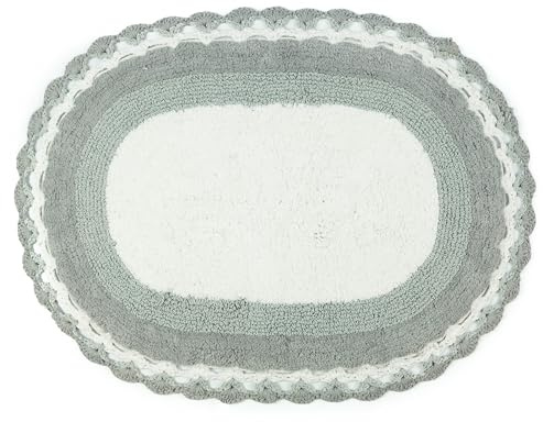 Allure Crochet Vintage Oval Bath Mat 50 x 80cm – 100% Cotton, Lace Edge, Reversible Design, Super Soft & Absorbent (Grey)
