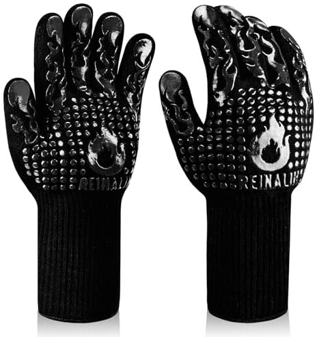 Reinalin Gants de Barbecue, Gants de Four Résistant à la Chaleur jusqu'à 800 °C Gants de Gril de Cuisson en Silicone Antidérapants (S/M, Noir-F1)