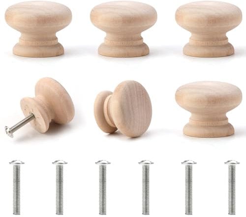 6 Pcs Wooden Cabinet Knobs with Screws 35mm*25mm, Mushroom Drawer Knobs Natural Unfinished Wood Cupboard Knob Handles Round Knobs for Furniture Wardrobe Office Dresser Drawer Pull