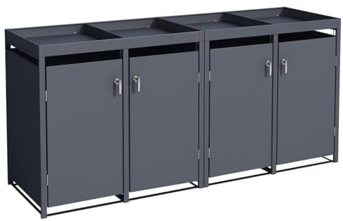 STILISTA Mülltonnenverkleidung aus Metall mit Pflanzdach, je 240 Liter, Anthrazit V2, 4-türig