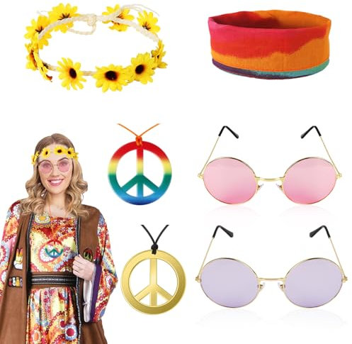 Hippie Accessoires 60 70er Hippie Kostüm Zubehör- 8Pcs Faschings Paar Hippie Set Damen Herren Brille Peace Halskette Batik Stirnband Hippie Retro Disco Flower Power für Motto Party Verkleiden Karneval