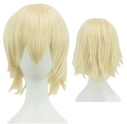FOUNSHO Perücke Kurze Blond Anime Perücke für Herren Damen, 12 Inch/30 cm Layered Kurze Herrenperücke Gerade 70er 80er Perücke Party Männer Kostüm Cosplay Perücke Für Mann Halloween Täglich