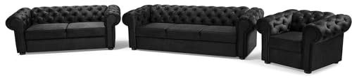 mb-moebel Wohnlandschaft 3+2+1 Chesterfield 3-Sitzer, 2-Sitzer und Sessel, Samtbezug Polstersofa Sofas Couch für Wohnzimmer Loungesofa Federkern Vintage Design - Avia (Schwarz (Kronos 07))