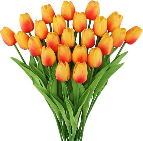 Fake Tulips 20 PCS, Tulips Artificial Flowers for Decoration, Graves, Wedding Bouquet, Outdoor, Living Room and Table Decorations, Faux Tulip That Look Real, Yellow Artificial Flowers (Sunset Red)