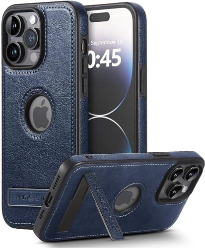 BinBoom Leather Case for iPhone 15 Pro Max, with Kickstand, Blue | Thin Flexible Soft Grip, Luxury Retro PU Leather + TPU Cover, Shockproof Drop Protection