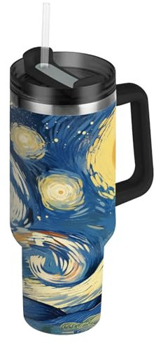 Starry Star Moon Night Bouteille d'eau Isotherme avec Paille en Acier Inoxydable Gourde, Sans BPA Gourdes Eau pour Enfant Sport Randonnée École Bureau