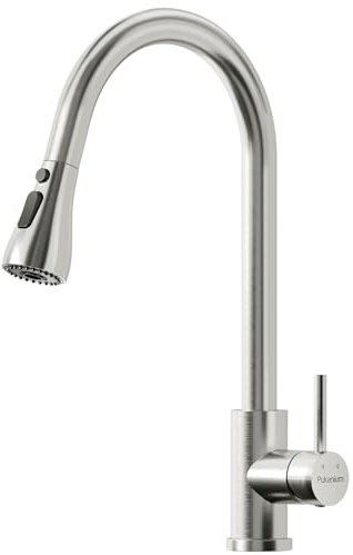 PUKANIUM Kitchen Tap Mixer with Pull Out Spray, Stainless Steel Kitchen Sink Taps 1 Hole with 3 Spray Modes, Pull Down Kitchen Mixer Tap Faucet with High Arc 360° Swivel, for UK Standard Fittings