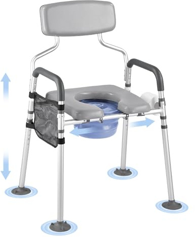 VEVOR Bedside Commode Chair, 500 lbs Capacity, 4-in-1 Portable Toilet and Raised Toilet Seat with Padded Seat & Backrest, Detachable 5L Bucket, Adjustable Height & Width Adult Potty Chair for Seniors