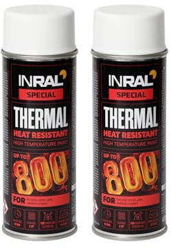 INRAL Hitzebeständiger Lack Weiß –Auspufflack Weiß Matt für Metalloberflächen - Langlebige, Hitzebeständige Farbe – 2 x 400 ml Schnell Trocknender Ofenlack Matt für Heimwerker