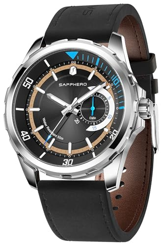 SAPPHERO Montre analogique à Quartz pour Homme, sous-Cadran de Date, Chiffres Arabes, étanche 50 m, Lumineuse, Bracelet Acier Inoxydable & Cuir, Style Business Sport, Cadeau élégant