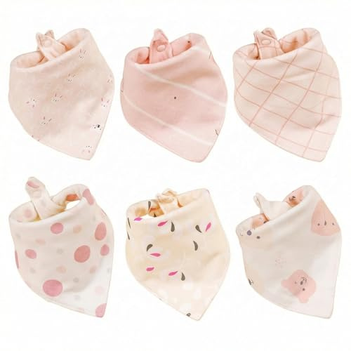 6 Pack Baby Lätzchen 100% Baumwolle Halstuch Super Weiche Dreieckstücher | Saugstarke Halstücher Sabberlätzchen/Spucktuch für Mädchen und Jungen (0-36 Monate), Waschbar & Verstellbar