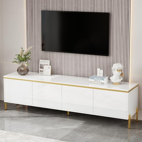 Merax Meuble TV bas brillant 170 x 38 x 50 cm, avec 4 portes, support TV avec espace de rangement, passe-câbles, bande de bord doré et pieds en métal, meuble TV moderne pour salon, blanc