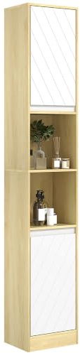 HOMCOM Armario de Baño Alto para Espacios Pequeños 30x24x170cm Roble Blanco | Columna de Baño Estrecha, 2 Puertas, 2 Estantes Abiertos