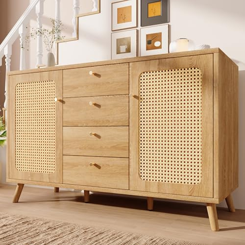 TIZZ Sideboard Kommode B140/T40/H86 cm mit 4 Schubladen und 2 Türen Stauraumschrank in Rattan Optik mit verstellbaren Einlegeböden für Wohnzimmer Esszimmer Flur helle Eiche