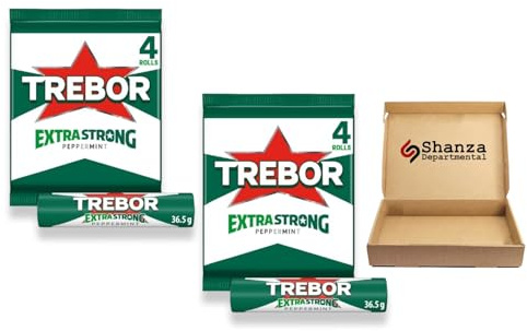 Extra StrongTrebor Peppermint Mints Rolls 4 Pack 145g (4 x 36.4g) – Pack of 2 | Intense Mint Flavour | Long-Lasting Fresh Breath Sweets Bulk