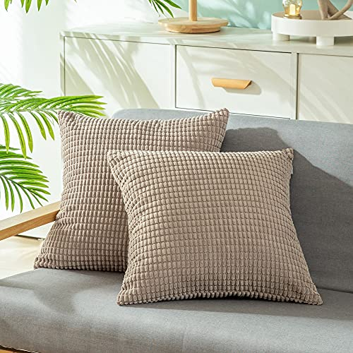 CaliTime Kissenbezüge Kissenhülle 2er-Pack Bequeme Kissenbezüge für Couch, Schlafsofa, bequem, superweich, Kordsamt, Maisstreifen, beidseitig, 50 cm x 50 cm, helltaupe