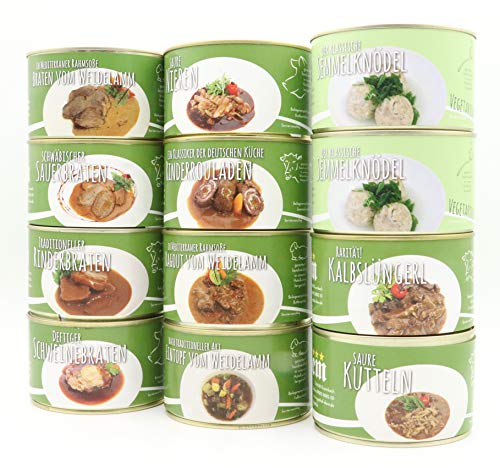 Diem 7 Tages Ration / 12er Dosenset - Ideal für Camping - Lange Haltbarkeit - Lammbraten, Sauerbraten, uvm.