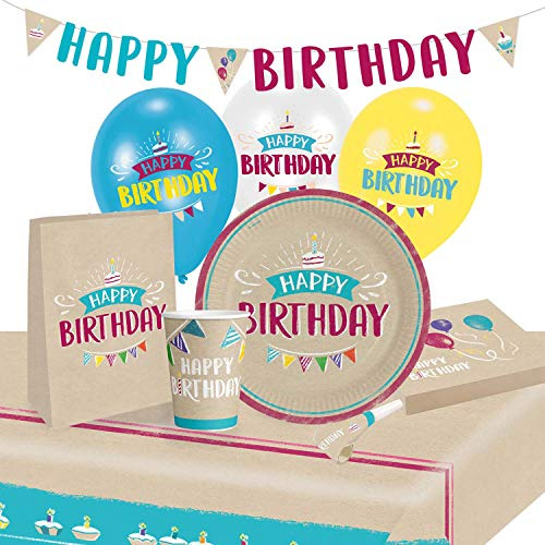 Amscan 9050 0373 - Partyset My Birthday Party, 8 Teller, 8 Becher, 20 Servietten, Tischdecke, 4 Beutel/Sticker, Girlande, 8 Tröten, 6 Ballons