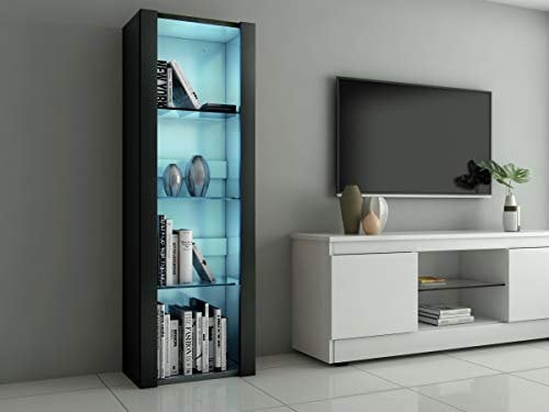 Panana High Gloss Tall Display Cabinet Wood Cupboard Sideboard Free Standing Storage Unit with Glass Shelves RGB LED Lights Living Room White (Black)