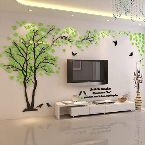 Albero Adesivo da Parete, Alberi e Uccelli 3D Adesivi Murali Arts Wall Sticker Decorativi per TV Par, Camera da Letto, Sala, Asili Nido, Ufficio, Bambini Stanze (Verde Sinistra,S-200 * 100cm)