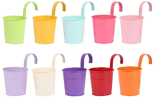 MEETOZ Hanging Flower Pots, 10 Pack Metal Iron Hanging Flower Pots, Fence Hanging Metal Bucket Plants Holders Set with Detachable Hook, Durable Herb Pots Perfect for Fence