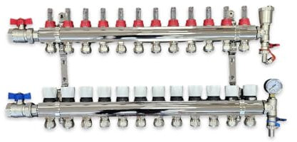 Wärmer System 12 Port Underfloor Heating Complete Manifold with Pipe Connections, Ball Valves, Automatic Air Vent and Pressure Gauge End Unit (15mm eurocones)