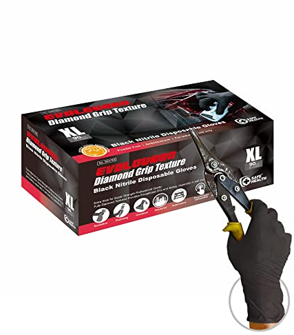 Safe Health Gants jetables en nitrile taille XL Noir, Résistants Épais 5,5 Mil, Texture Diamant Losange, Boîte de 90, Sans latex Sans poudre, Résistants à l'huile, Auto Mécanique Maintenance Plomberie