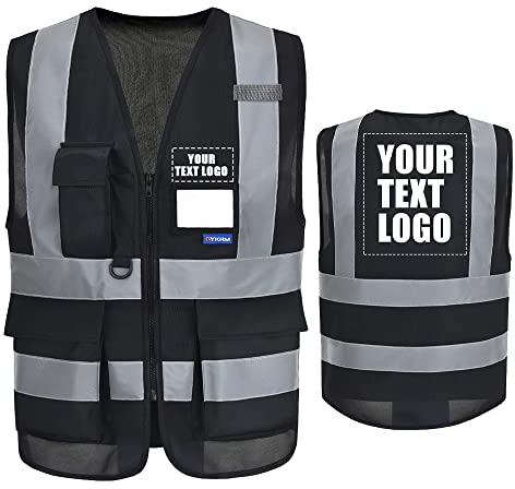 6XL 7XL 8XL schwarze warnweste Personalisierte bedruckbare Warnweste aufdruck mit Text oder mehrfarbigem Logo und Mehreren Taschen, Warnschutz Arbeitsweste Sicherheitsweste mit bedruckbare