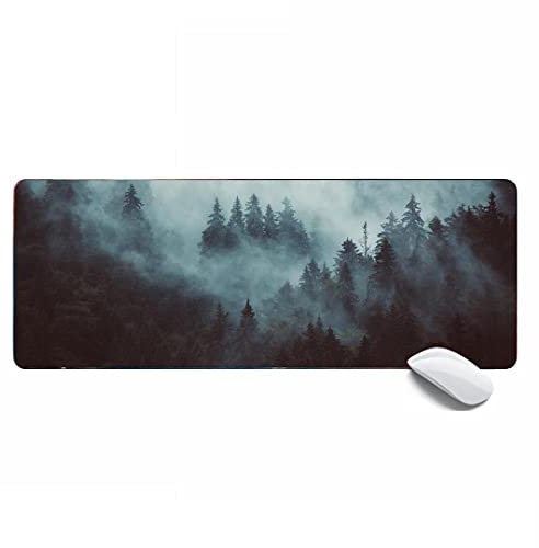 MSHAJ Mauspad im Querformat, Nebellandschaft mit Wald, XL, Schreibtischunterlage, 80 x 30 x 0,32 cm, Polyester mit Gummi, Grün, Braun