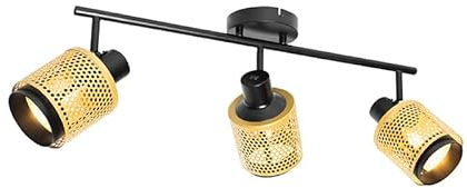 QAZQA - Industrie I Vintage I Industrie-Spot I Spotlight I Deckenspot I Deckenstrahler I Strahler I Lampe I Leuchte Schwarz mit Gold I Messing 3-flammig Spotbalken-Licht - Kayden I Wohnzimmer I Schlaf