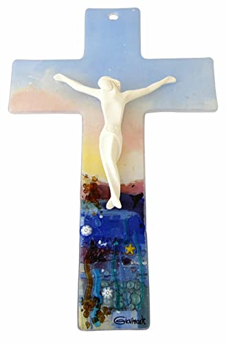 KVN Glas-Kreuz, mit Keramik-Korpus (10cm), mit Murano-Glas- Blumen, ca.21x12,5cm