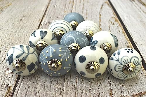 ARTISNO Lot de 10 boutons de porte en céramique gris et blanc pour placard de cuisine et tiroir faits à la main