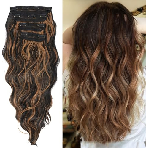 Neverland Beauty Clip in Hair Extensions 20inch 4 Pcs 13 Clips Clip in Full Head Wavy Curly Hair Extensions Brown Mix Gold