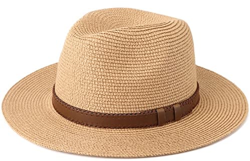 DRESHOW Femme Homme Chapeau de Paille Panama Chapeau Été Large Bord Chapeau de Soleil Anti-UV pour Plage Voyage Fedora Chapeau de Soleil, Taille unique, Belt Khaki-V2