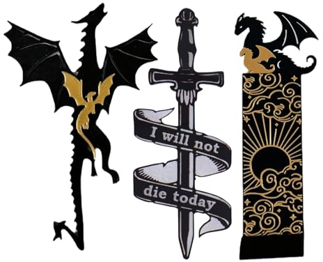 Fourth Wing Merch | Drachen-Lesezeichen | Coole Lesezeichen | Schwarze und goldene Drachen mit Sonne und Wolken Lesezeichen | Schwert Lesezeichen | Vintage Gothic Dragon Buchmarker für Jungen Mädchen