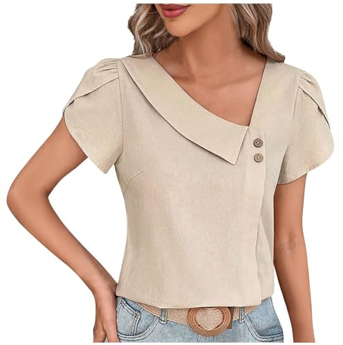 Women Tops Clearance Summer V-Neck Short Sleeve Tees Shirts Button Diagonal Collar Tunic Blouse Shirts Fashion Solid Slim Casual Blouse Elegant Shirts for Work Beige