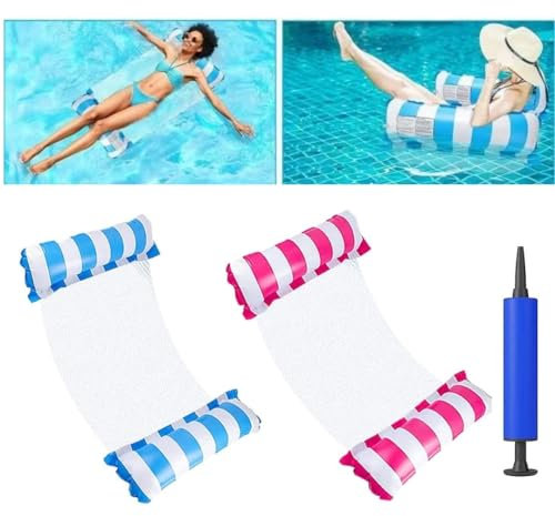 Set da 2 Amaca Gonfiabile Galleggiante, Amaca Galleggiante 4 in 1 Con Comoda Rete In Poliestere, Materassino Mare Ideale Anche Per Piscina. Pompetta Per Gonfiare Inclusa